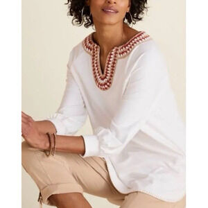 SOFT SURROUNDINGS | Sz S Cream Crochet Trim Tunic Blouse Top Boho Cottagecore